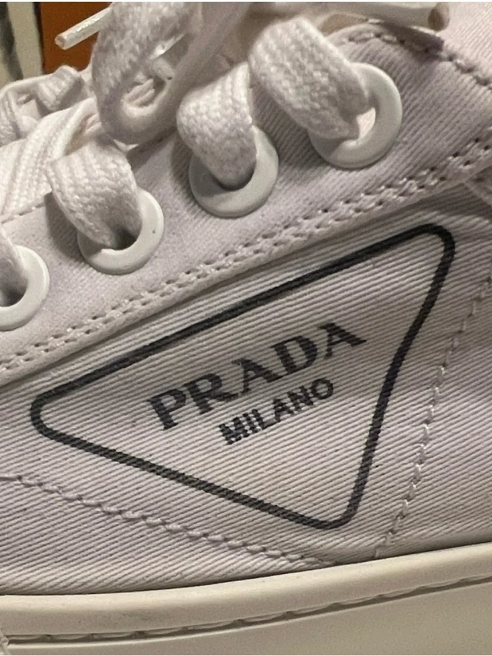 Prada Wheel Gabardine White Canvas Low-Top Sneakers with Logo Heel sz 37 1/2 - Picture 11 of 12